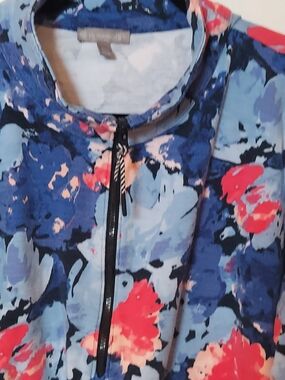 Talbots Navy Blue Floral Zip-Front Top with Pink Accents